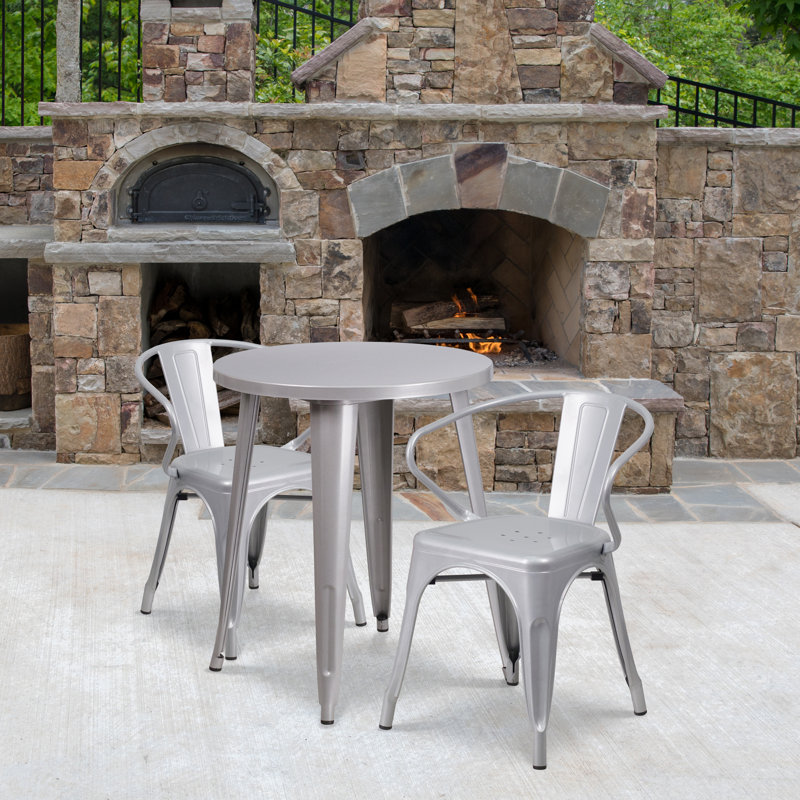 Duluth 30'' Round Metal Indoor-Outdoor Table Set with 2 Arm Chairs, Silver, 29" H x 24" W x 24" L