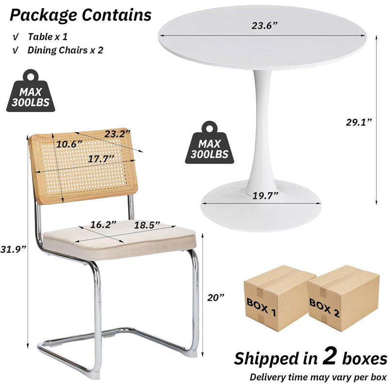 Ensemble de salle à manger rond 3 pièces à économie d'espace 24 po, table avec chaises en rotin, Beige, Blanc