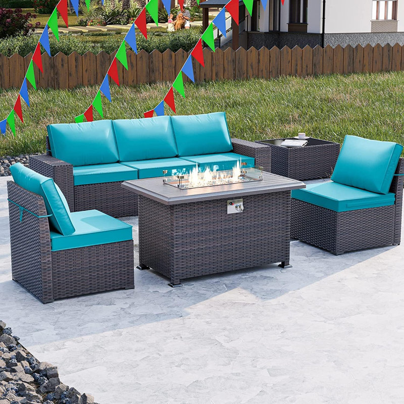 7-Piece Wicker Patio Conversation Set With Cushions,Coffee Table And Outdoor Fire Pit Table With Aluminum Top, PE Rattan Base, And  White Glass Wind Guard