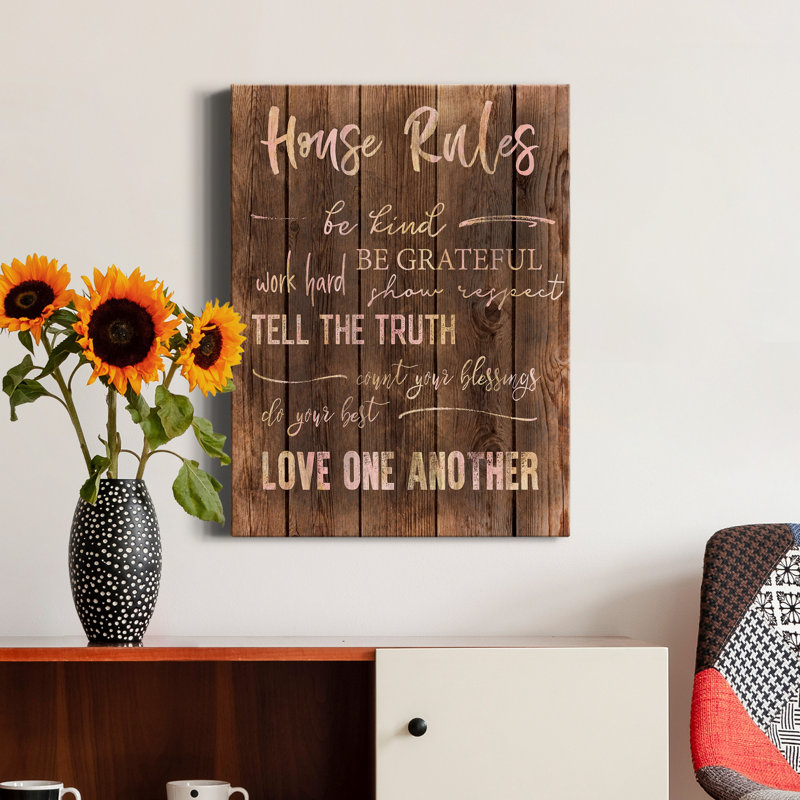 House Rules - Reproduction d'art textuel sur toile tendue, H 27 po x l 18 po