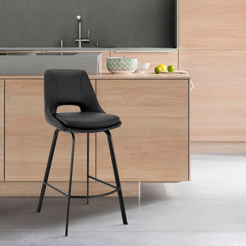 Tabouret de bar sans accoudoirs pivotant à hauteur de comptoir avec repose-pieds Asya, Similicuir noir, Noir mat