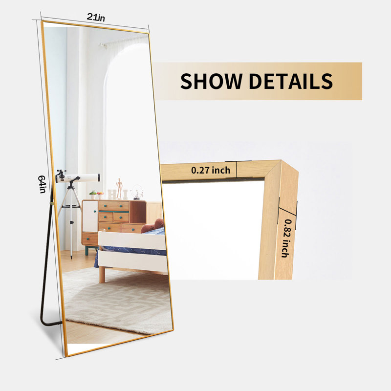 Shatterproof Aluminum Rectangle Full Length Mirror with Stand - Basics by Wayfair™, Gold, 64" H x 21" W