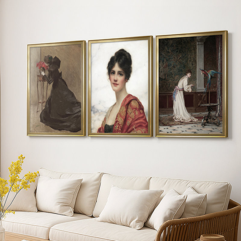 Reproduction de portrait rétro LXVII - Toile tendue avec châssis sur mesure - 3 pièces, H 15 po x l 19 po, Doré
