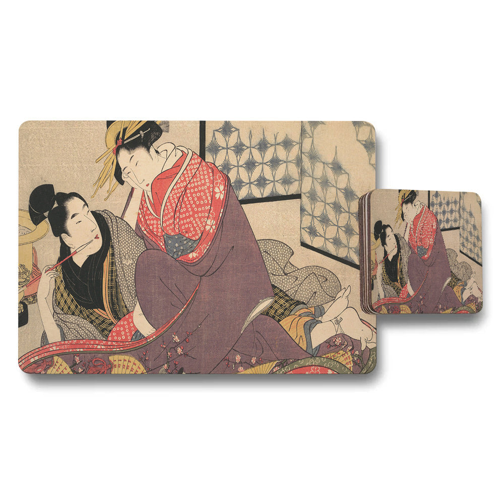 Ukiyoe Japanese Art Placemat And Coaster Set With Geisha Scene