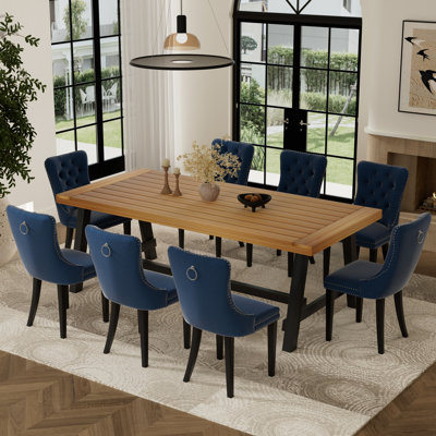9 Pieces Modern Farmhouse Rectangle Dining Set with Mid-century High-end Tufted Dining Chair Set for 8