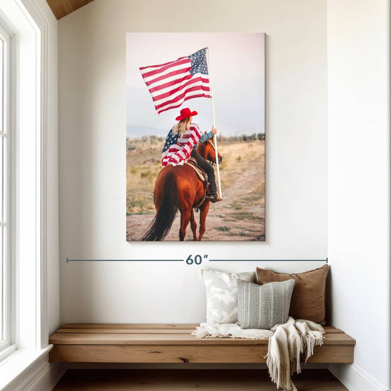 Mehar, patriotique, cow-boy à cheval, H 48 po x l 32 po