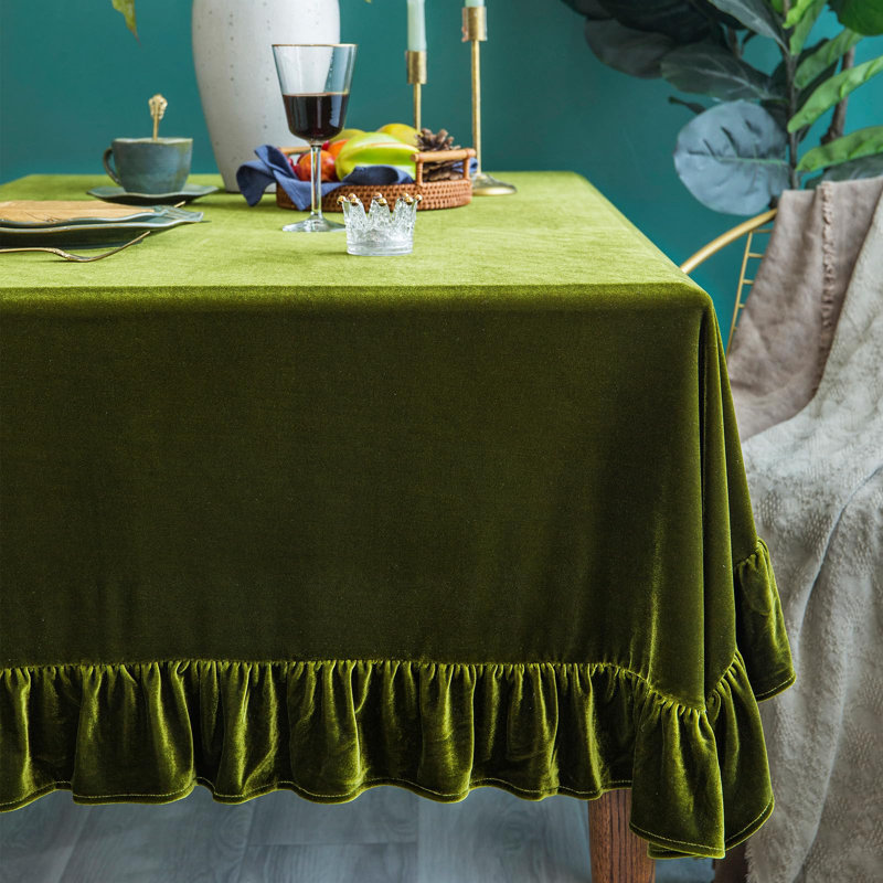 Nappe en velours unie luxueuse, rectangulaire, style rétro champêtre, à volants, lavable, vert olive