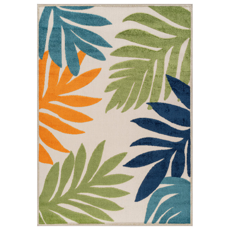 Tapis ivoire / multicolore intérieur / extérieur Palm, Multi, Rectangulaire 2 pi x 3 pi
