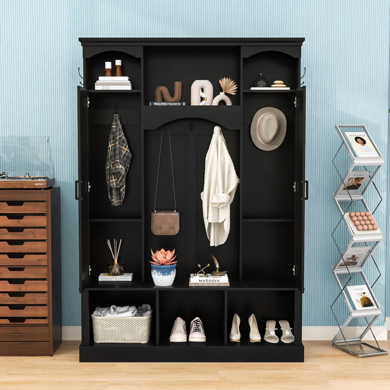 Hall Tree with Bench, Adjustable Shelves, 7 Hooks and Shoe Cabinet, Black