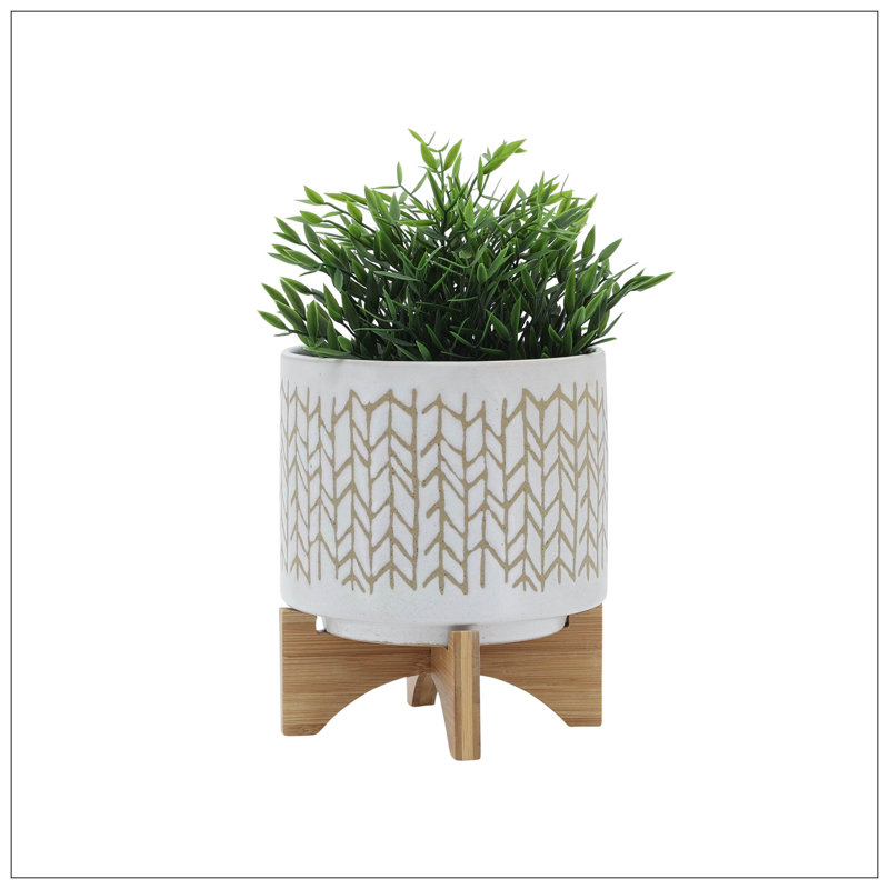 8" CHEVRON PLANTER W/ WOOD STAND, BEIGE