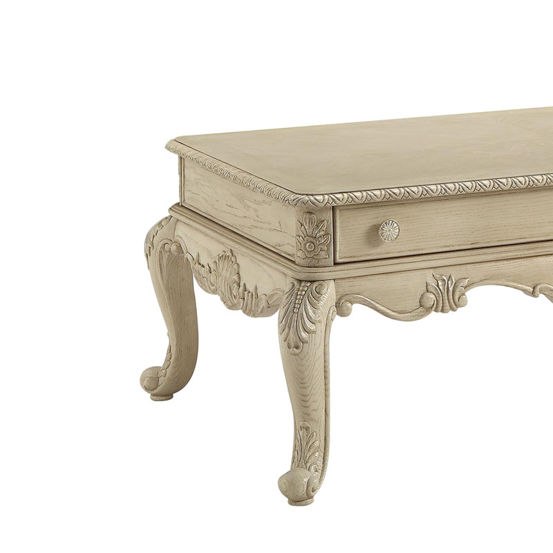 Table basse à 2 tiroirs avec pieds cabriole, H 19 po x L 52 po x l 30 po, Blanc antique