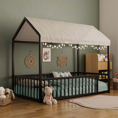 Metal Floor Bed Frame, House Shaped Bed with Fence