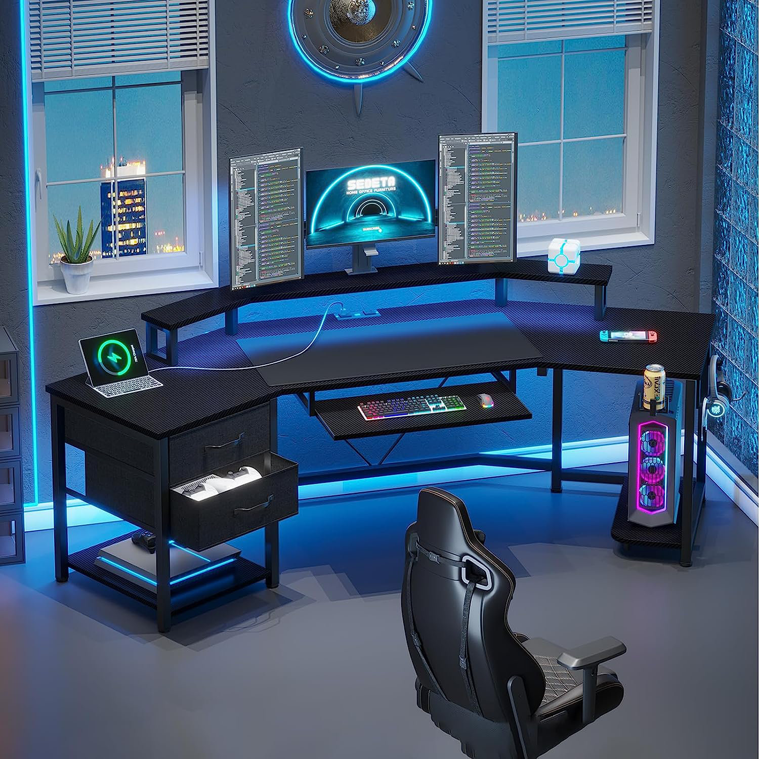 SEDETA L Shaped Gaming Desk, Reversible 94.5 Computer Desk, Gaming Desk  with Led Lights, Keyboard Tray and Storage Bag for Home Office, Black 