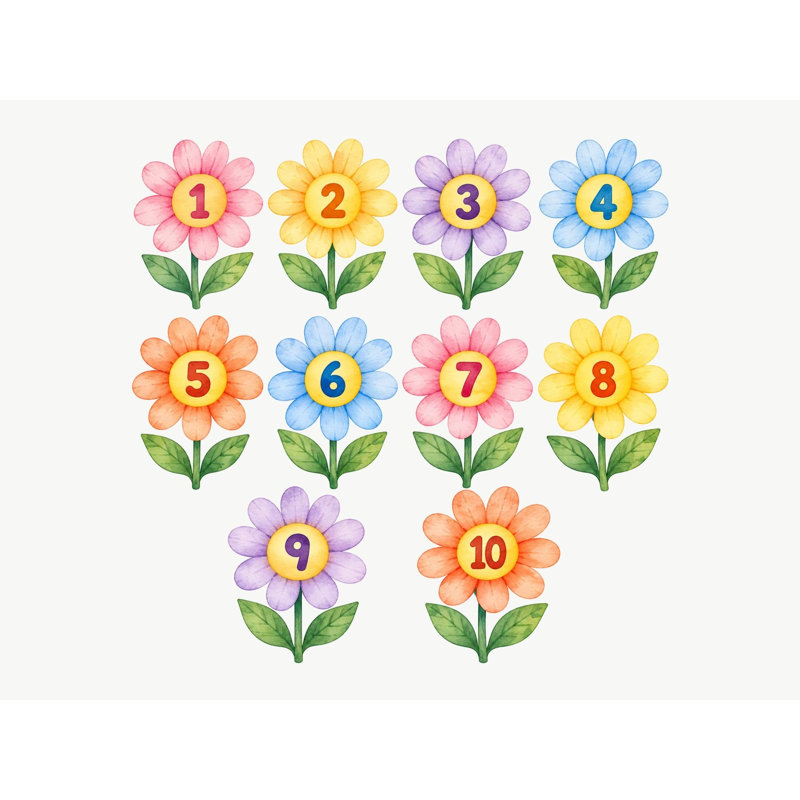 Number Flower Wall Decals, Set of 10 Educational Peel and Stick Wall Stickers, Classroom Playroom Decor, Kids Learning Wall Art, 20"W x 20"H (50 x 50 cm)