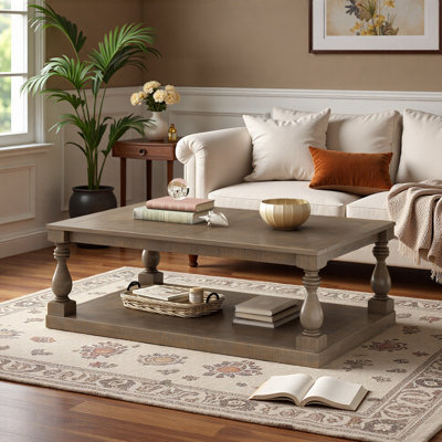 Vintage Coffee Table With Vase Column Legs, Pine Veneer And Lower Shelf