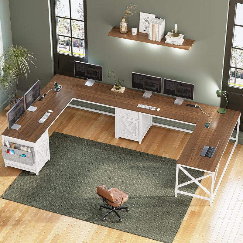 Josphua 63" L Shaped Desk Convertible Corner Office Desk With Drawer Farmhouse Computer Desk, Brown/White