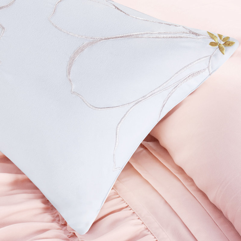 Waterfall Blush Ruffle 4-Piece Twin/Twin XL Comforter Set, Twin/Twin XL Comforter + 1 Sham + 2 Throw Pillows, Blush