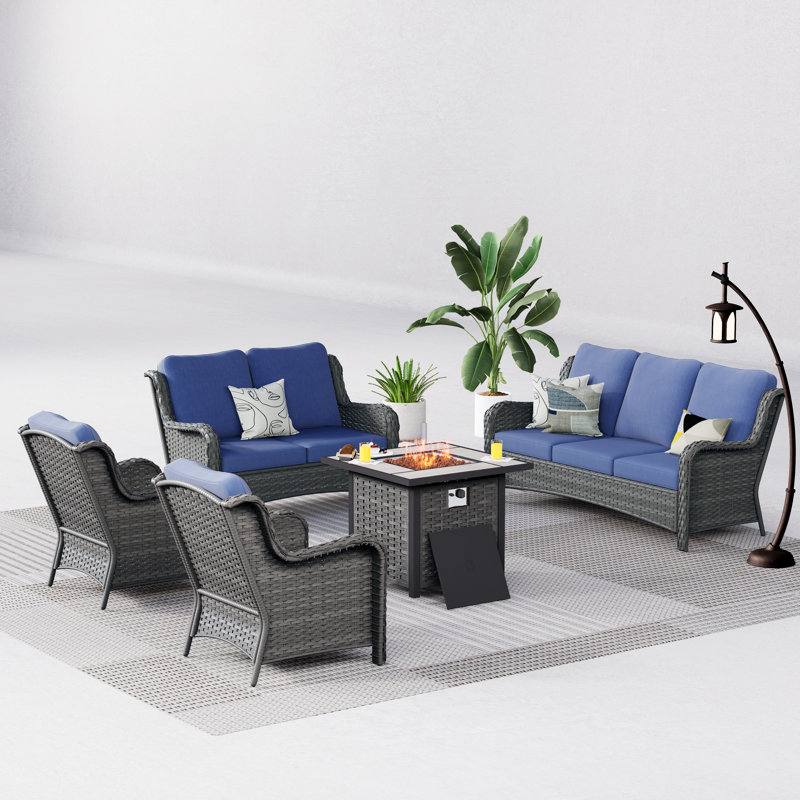 Ensemble de conversation d'extérieur 8 personnes avec coussins Arnald, Bleu denim, gris