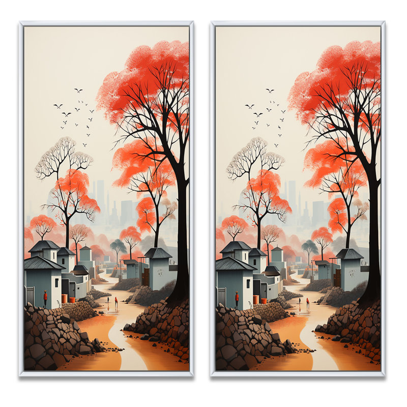 «Peach Gray African Village Visions», 2 pièces, Cadre blanc, H 40 po x l 40 po