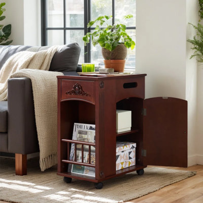 Traditional Narrow Edge Table With USB Interface And Wheels, Storage Bedside Table In Living Room And Bedroom