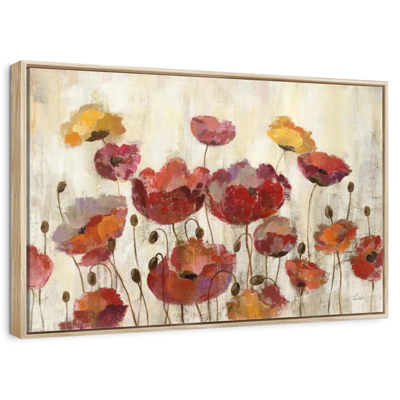 Coquelicots sous la pluie, Cadre flottant en bois naturel, 31 po x 21 po
