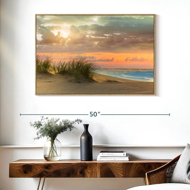 Herbe de mer et crépuscule, Cadre flottant en bois naturel, 40 po x 27 po