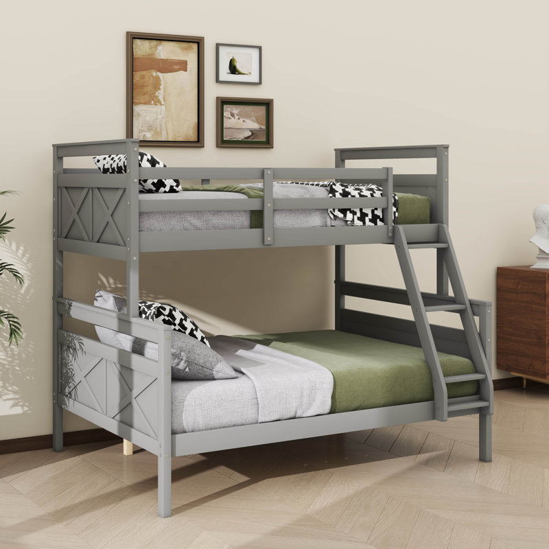 Fashionable Twin Over Full Bunk Bed With Safe Ladder And Protective Guardrail, Gray