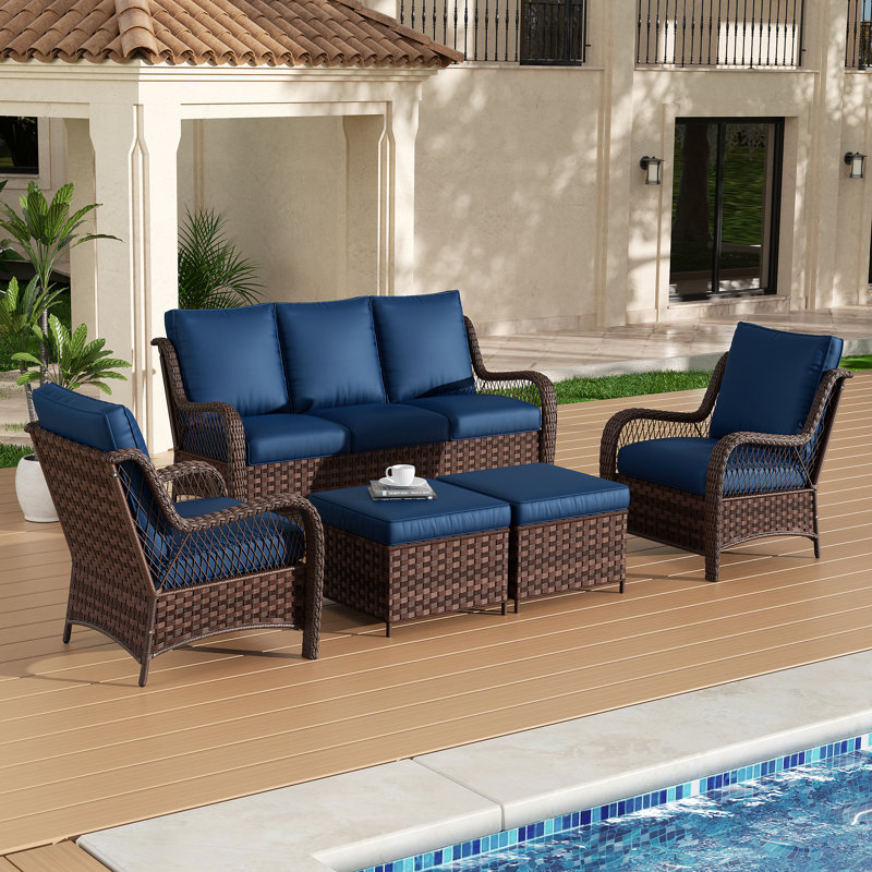 Ensemble de conversation 7 pièces en osier de patio avec coussins, ensemble de meubles en rotin pour piscine, Bleu