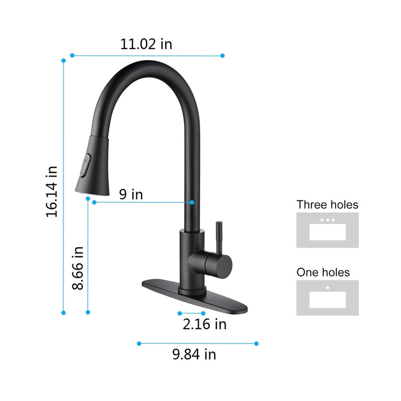 Robinet de cuisine, bec rétractable, levier simple, buse haute, rouille, buse rotative 360 en acier inoxydable noir mat pour une utilisation plus facile de l'eau, contrôle précis du levier, traitement contre la corrosion, débit sans éclaboussures