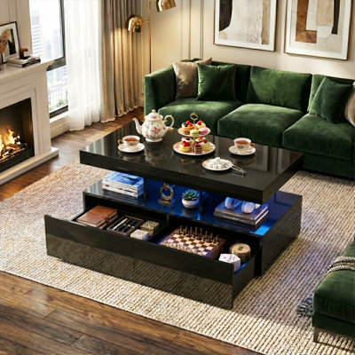 104CM Modern High Gloss Coffee Table With 2 Drawers, Smart App-Controlled RGB LED & Music Sync (EU Plug) - Black/White