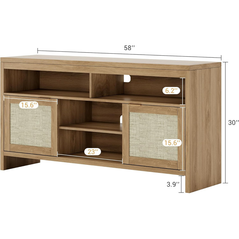 58" Rattan TV Console with 4 Drawers & 2 Doors, Modern Media Cabinet with Adjustable Shelves, Brown