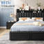 Cadre de lit Francille, taille standard, capitonné, orné de rivets, 2 tiroirs sous le lit, tête de lit à 2 niveaux avec poches latérales, sommier non requis-26192708-62740752