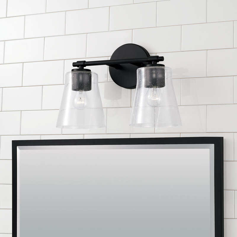 Meuble-lavabo 2 lumières l 14 po x H 9,5 po en noir mat avec verre bullé transparent, Noir mat