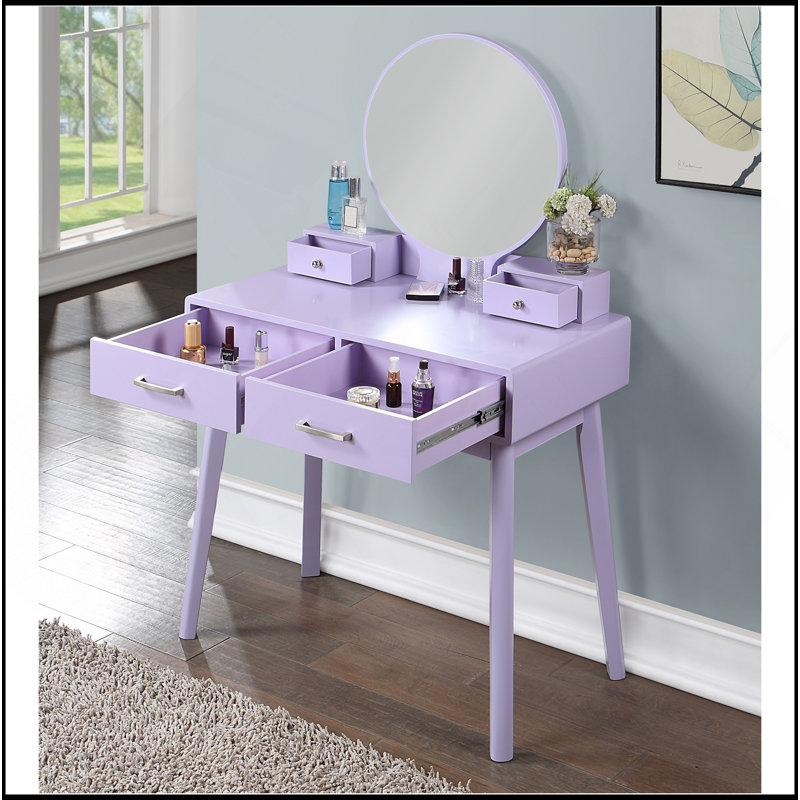 Ensemble de coiffeuse et tabouret en bois, Mauve
