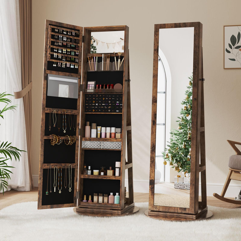 360° Swivel Lockable Jewelry Mirror Cabinet with Storage Shelves, Tan