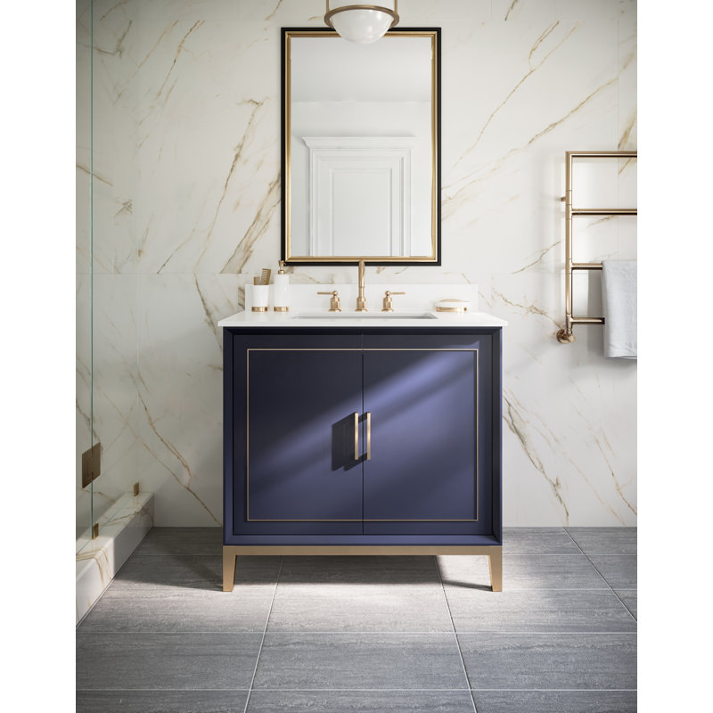 Gracie 36'' W Single Vanity, Pacific Blue, Satin Brass, White Quartz