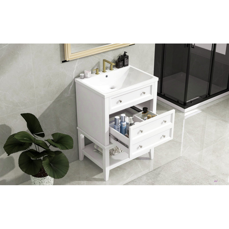 Meuble-lavabo 24 po avec lavabo, armoire de rangement avec tiroir et tablette ouverte, cadre en bois massif