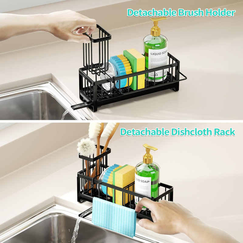 Sponge Holder for Kitchen Sink - Self-draining Sink Caddy with Brush and Dishcloth Holders, Stainless Steel
