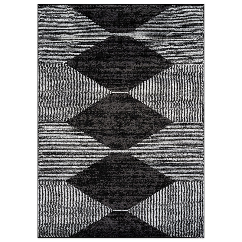 Tapis noir à rayures géométriques ivoire, Rectangle 4 pi x 6 pi
