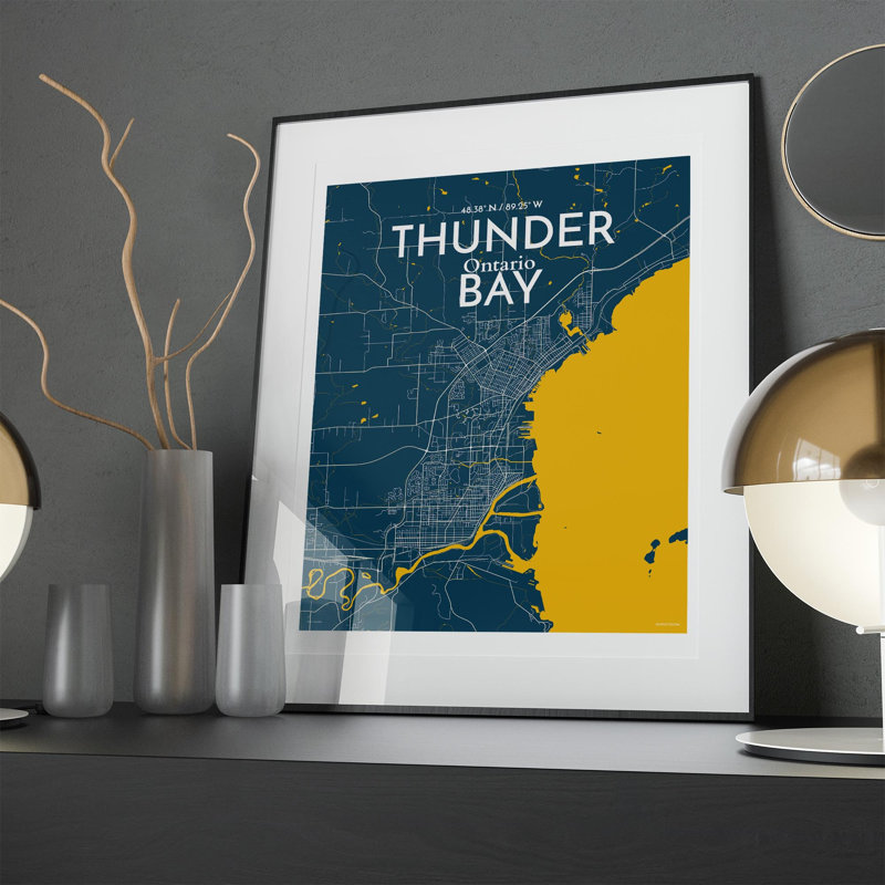 Thunder Bay City Map, impression, H 20 po x l 16 po, Bleu / jaune
