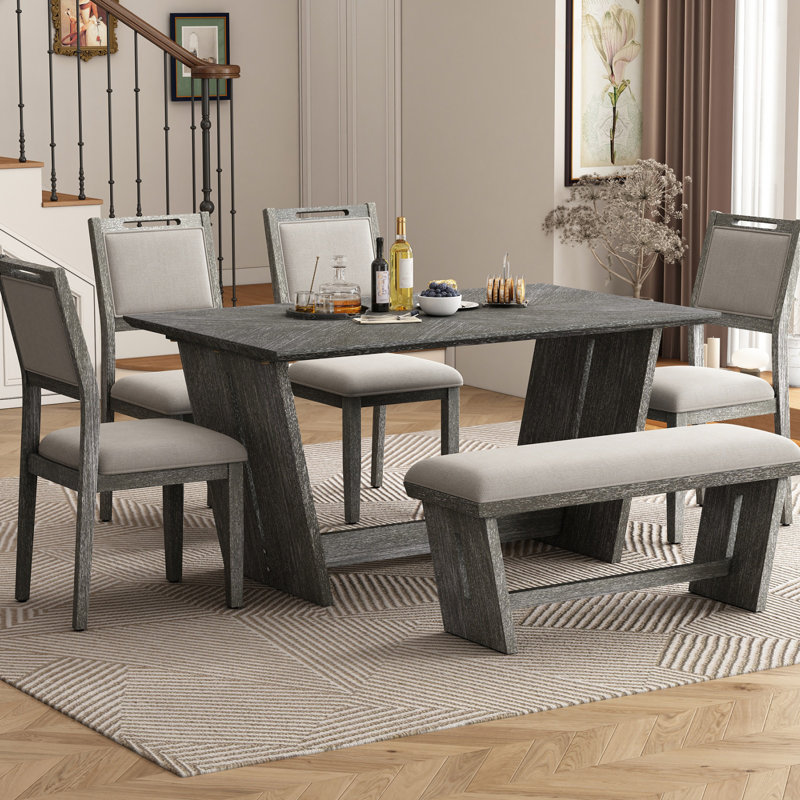 6-Piece Retro Dining Table Set For 6, 60 Inch Wood Kitchen Table And Chairs With Bench, Trestle Base For Versatile Use, Dining Table Set