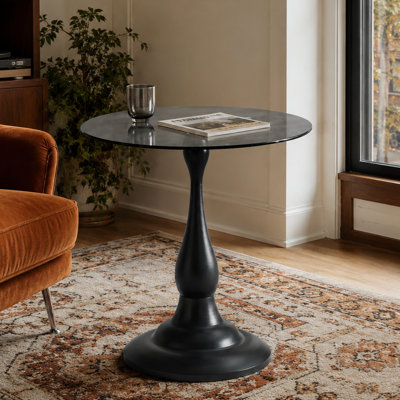 Table d'appoint ronde en verre trempé, petite table de bout moderne avec base à piédestal noir, table d'appoint pour salon, chambre à coucher, patio