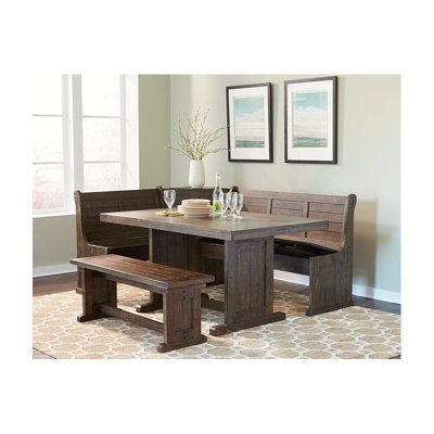  Ensemble de coin-repas en bois de ferme 3 pièces avec rangement caché, dessus en planches, siège réversible, finition feuille de tabac