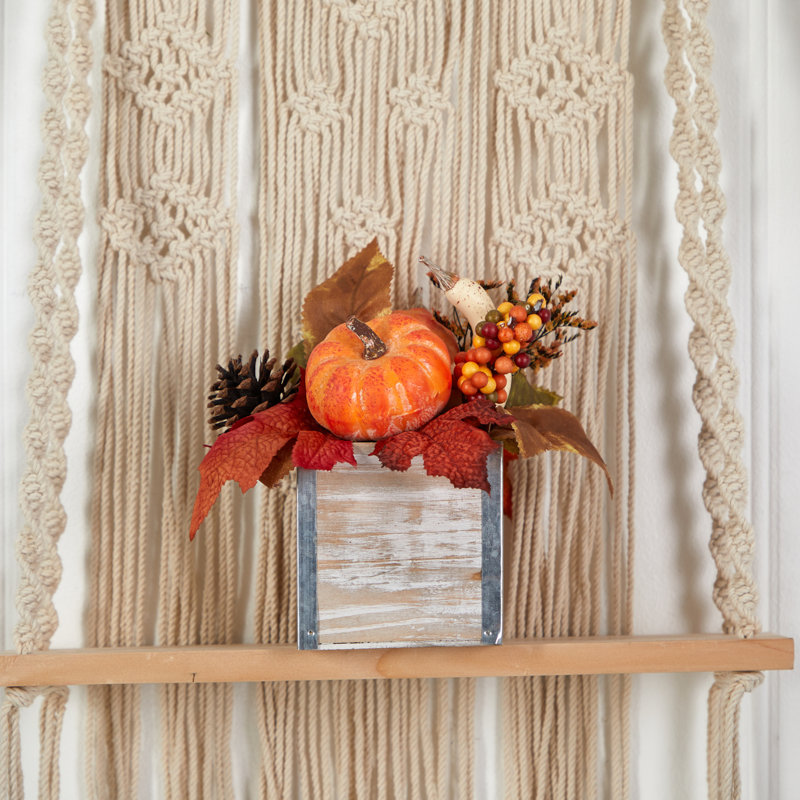 8'' Fall Pumpkin and Pinecones Artificial Arrangement in Weathered Wood Vase