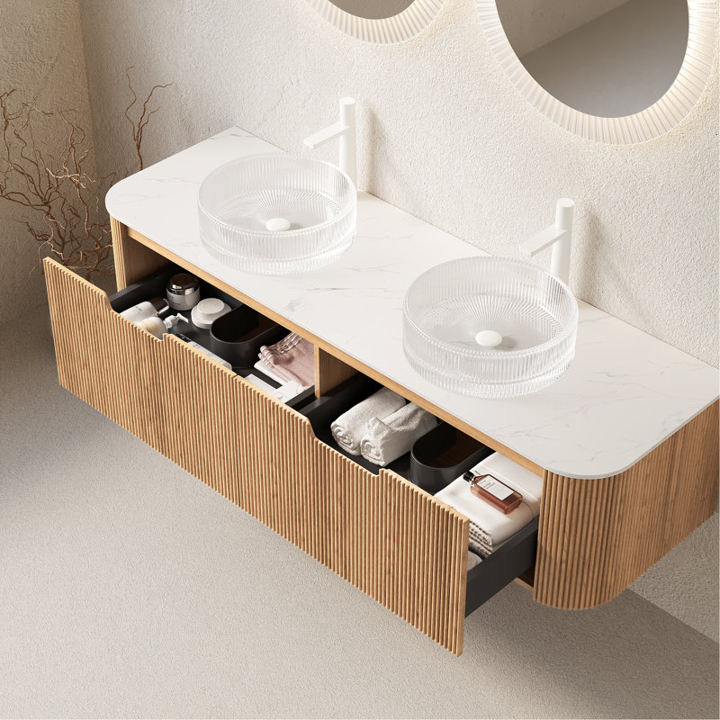 Meuble-lavabo de 60 po avec 2 lavabos ronds transparents en verre, armoire flottante, rayures 3D naturelles, tiroirs, système de fermeture en douceur, pré-assemblé, installation facile, rangement spacieux, lavabos d'entretien,