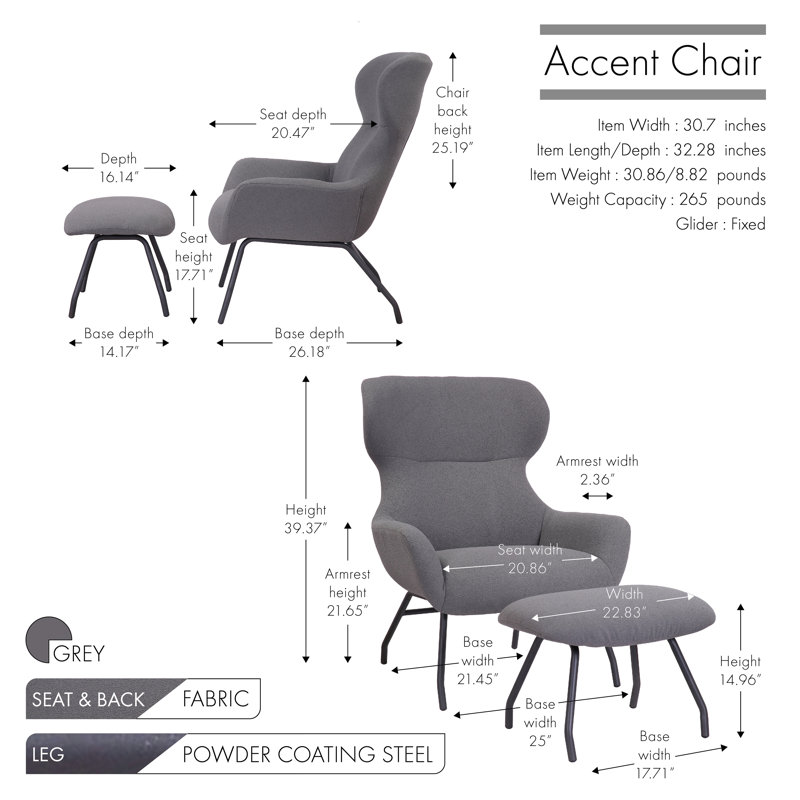 Fauteuil d'appoint à oreilles avec repose-pieds Cathalina, Mélange de polyester gris