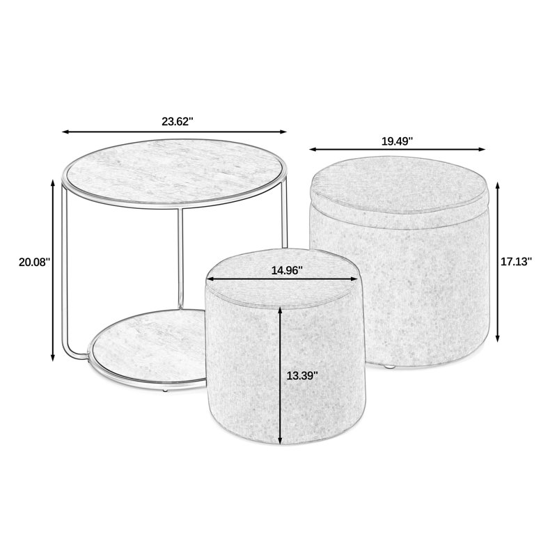 Table basse avec rangement et 2 repose-pieds, Beige