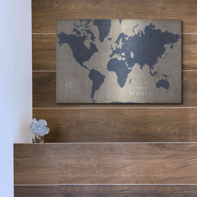 «Burlap World Map I Navy» par Sue Schlabach - impression de dessin sans cadre, H 12 po x l 16 po x P 0,13 po
