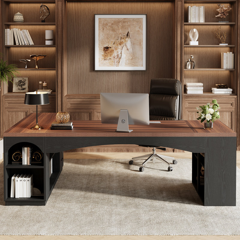 Bureau de direction en L 86,6 po avec 3 tiroirs de rangement et tablettes ouvertes