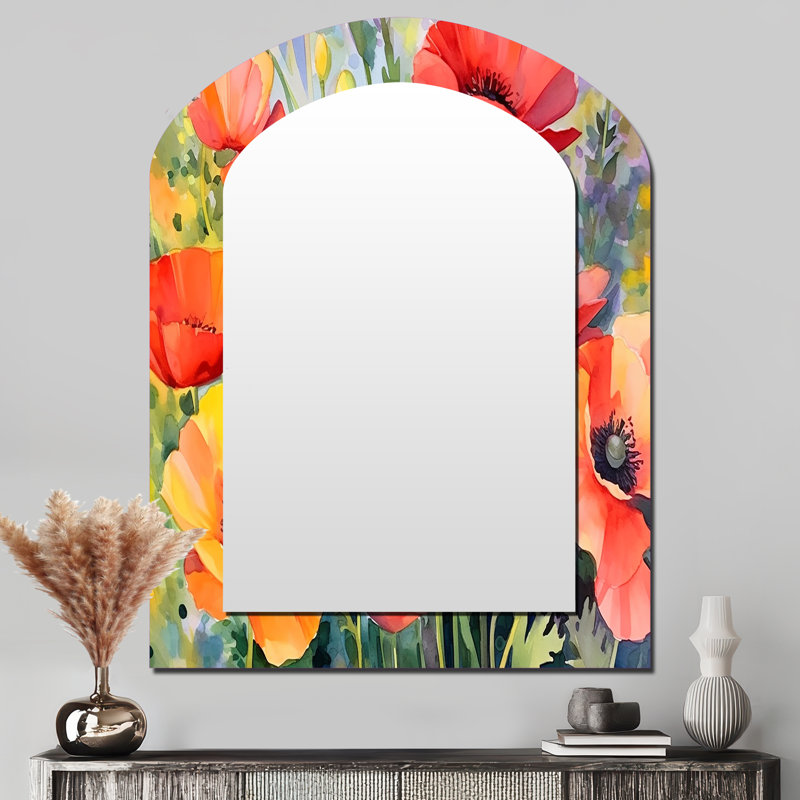 Vibrant Poppies I - Floral Arch Decorative Mirror, Traditional Asymmetrical Large Wall Mirror, Printed Metal Art, 43" x 33"